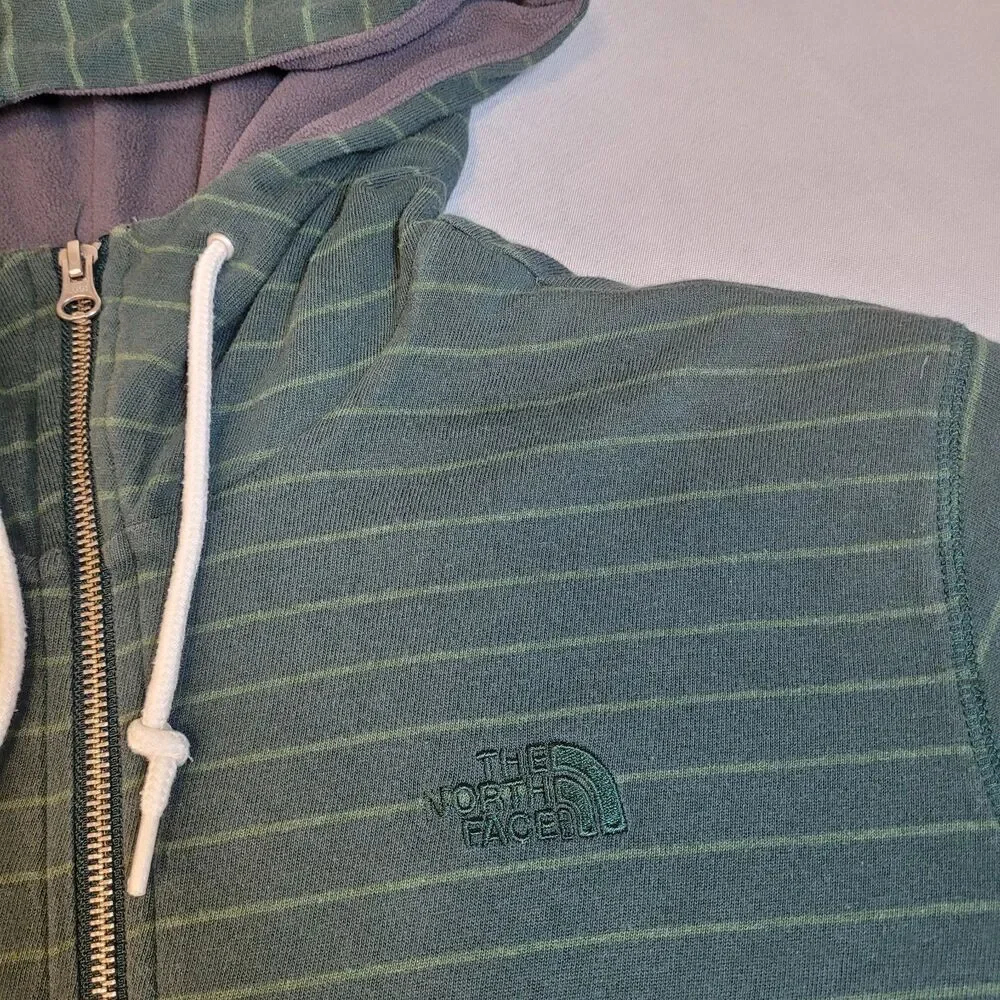 The North Face Men's Medium Green Striped Cotton Zip Up Lined Hoodie Y2K Style